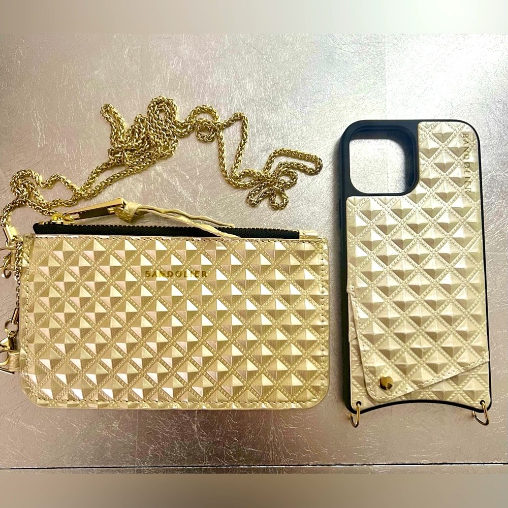 New Bandolier Sheila Gold Embossed Crossbody phone case with matching pouch